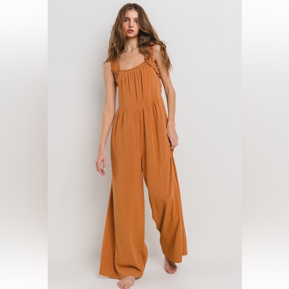 17 Solid Ruffle Strap Wide Leg Jumpsuit - Picture 2 of 7